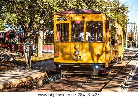 Ybor City (tampa Bay). January 09, 2019. Streetcar In Centennial Park At Downtown Area.