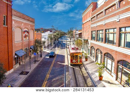 Ybor City Tampa Bay, Florida. January 19 , 2019  . Top View Of Street Car And Vintage Buildings In 8