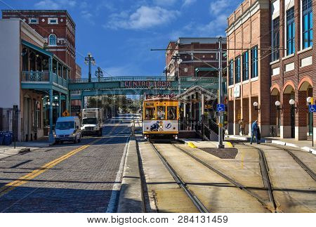 Ybor City Tampa Bay, Florida. January 19 , 2019  Centro Ybor Complex And Colorful Streetcar.  Ybor C
