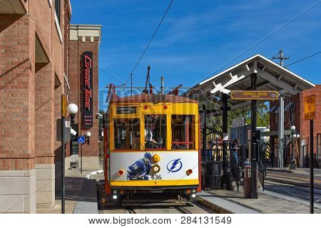 Ybor City Tampa Bay, Florida. January 19 , 2019  Street Car Station In 8th Ave. Ybor City Is A Histo