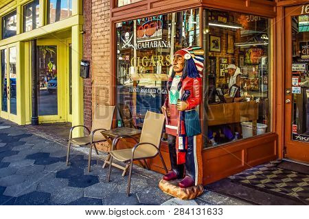 Ybor City Tampa Bay, Florida. January 19 , 2019 . Indian Statue In Cigars Store At 7th Ave.