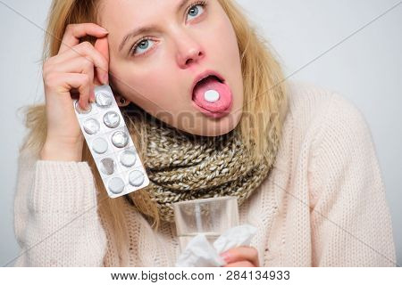 Headache And Fever Remedies. Woman Sick Person Hold Glass Water And Tablets Blister. Take Pills Reli