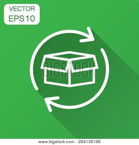 Box Package Return Icon In Flat Style. Delivery Box With Arrow Illustration With Long Shadow. Cargo 