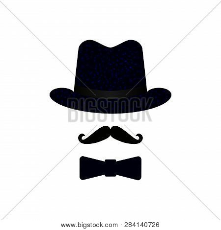 Black Masquerade Hat, Mustache, Bow Tie. Isolated Objects. Gentleman Icon Set. Vector Illustration. 