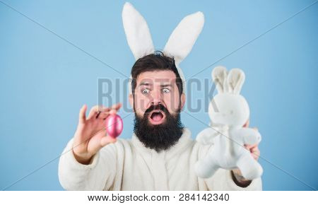 Bearded Man Wear Bunny Ears. Egg Hunt. Look What I Found. Hipster Cute Bunny Blue Background. Easter