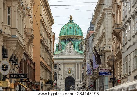 Vienna, Austria - June 27, 2015: Kohlmarkt Street With Hofburg Complex In Downtown Of Vienna In Aust
