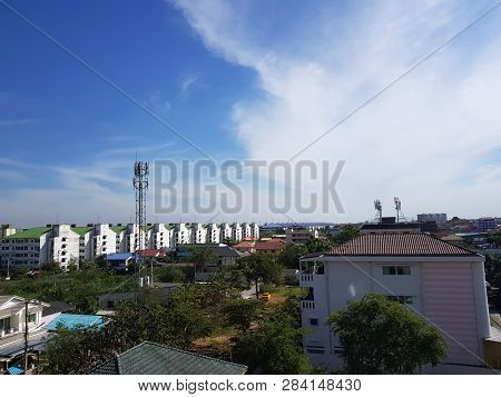 5 January 2019 Pathum Thani Thailand : Cityscape And Building Of City In White Clouds. Pathum Thani