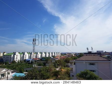 5 January 2019 Pathum Thani Thailand : Cityscape And Building Of City In White Clouds. Pathum Thani