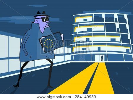 European Union. Circa 2019. Cartoon Spy Stealing Secret Documents From European Institutions.