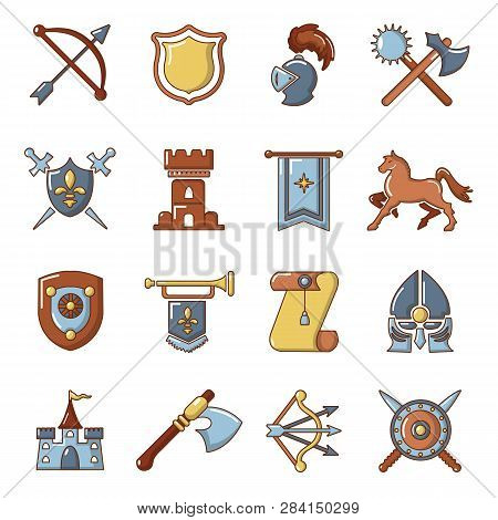 Knight Medieval Icons Set. Cartoon Illustration Of 16 Knight Medieval Icons For Web