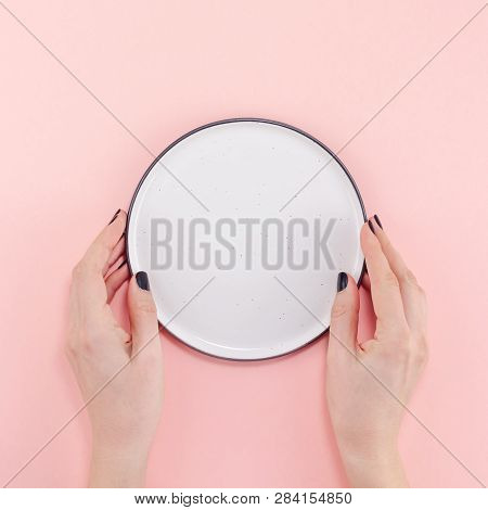 Creative Flat Lay Top View Of Woman Hands Black Manicure With Empty Plate Mock Up On Pastel Millenni
