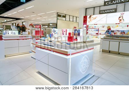 DUSSELDORF, GERMANY - CIRCA SEPTEMBER, 2018: cosmetics on display at Galeria Kaufhof in Dusseldorf.