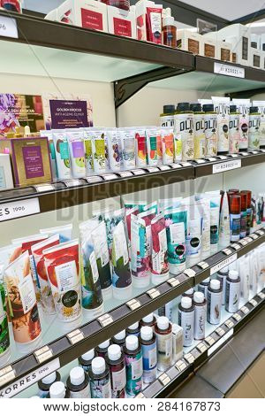 DUSSELDORF, GERMANY - CIRCA SEPTEMBER, 2018: cosmetics on display at Galeria Kaufhof in Dusseldorf.
