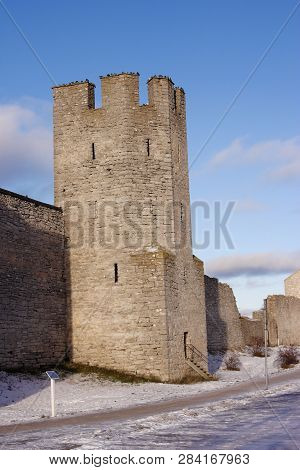 Old Defens Tower In The Medevial Visby City Wall Located In The Swedish Province Of Gotland.