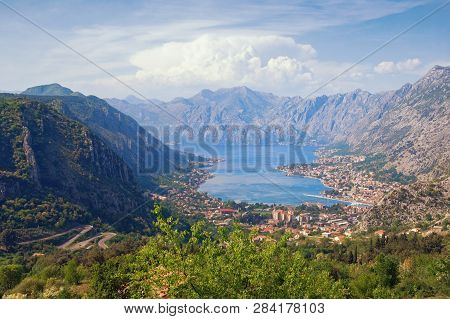 Beautiful View Of Gulf Of Kotor And Kotor City On Sunny Spring Day. Montenegro