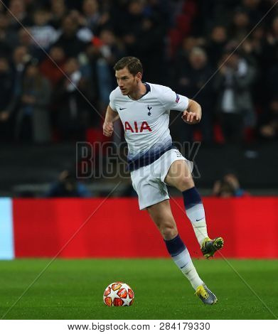 LONDON, ENGLAND - FEBRUARY 13 2019: Jan Vertonghen of Tottenham during the Champions League match between Tottenham Hotspur and Borussia Dortmund at Wembley Stadium, London.