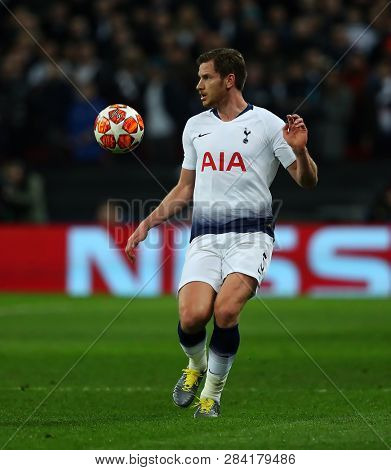 LONDON, ENGLAND - FEBRUARY 13 2019: Jan Vertonghen of Tottenham during the Champions League match between Tottenham Hotspur and Borussia Dortmund at Wembley Stadium, London.