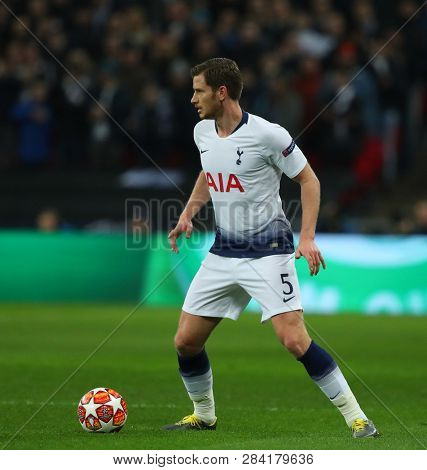 LONDON, ENGLAND - FEBRUARY 13 2019: Jan Vertonghen of Tottenham during the Champions League match between Tottenham Hotspur and Borussia Dortmund at Wembley Stadium, London.