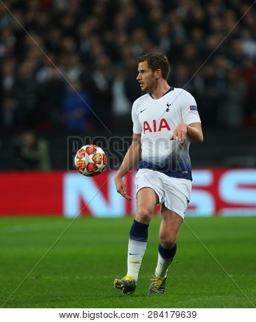 LONDON, ENGLAND - FEBRUARY 13 2019: Jan Vertonghen of Tottenham during the Champions League match between Tottenham Hotspur and Borussia Dortmund at Wembley Stadium, London.
