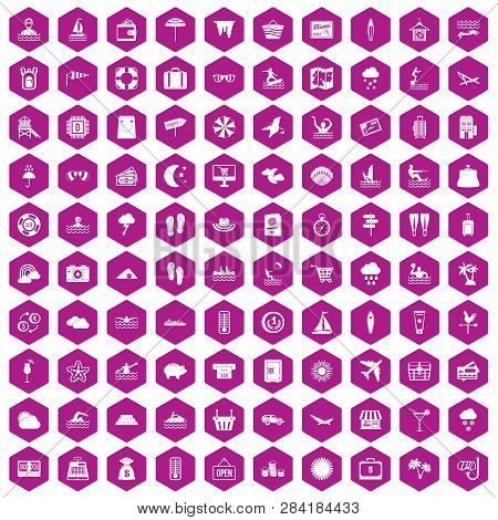 100 Seaside Resort Icons Set In Violet Hexagon Isolated Illustration
