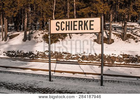 Train Station Sign Of Schierke Train Station At Harz Mountains National Park, Germany