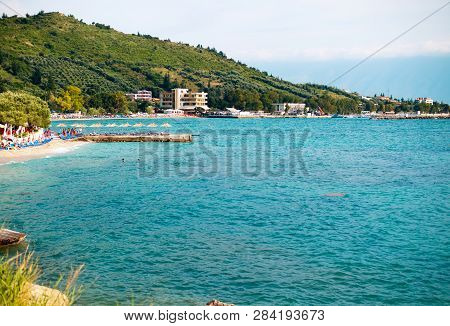 Small Beach On Beautiful Summer Adriatic Sea Vlore Coast, Albania. Turquoise Crystal Clean Water