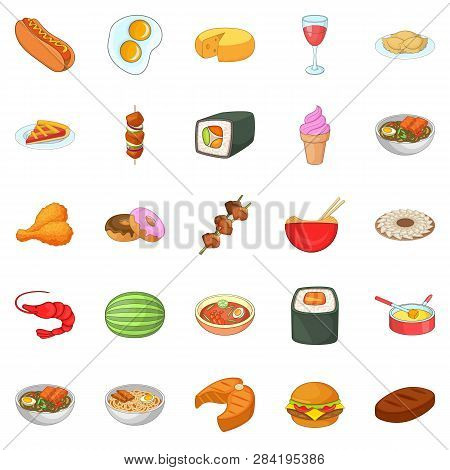 Dinner Break Icons Set. Cartoon Set Of 25 Dinner Break Icons For Web Isolated On White Background