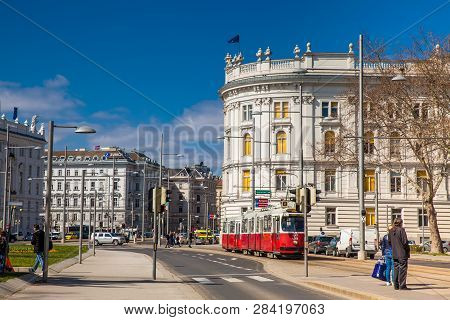 Vienna, Austria - April, 2018: Rennweg Street And The Beautiful Building Of The House Of Industry In