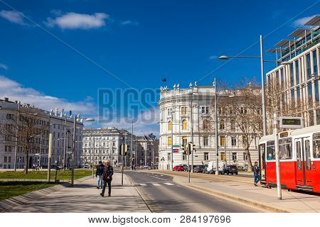 Vienna, Austria - April, 2018: Rennweg Street And The Beautiful Building Of The House Of Industry In