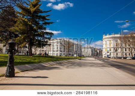 Vienna, Austria - April, 2018: Rennweg Street And The Beautiful Building Of The House Of Industry In