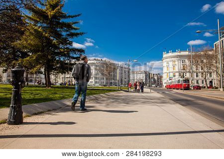 Vienna, Austria - April, 2018: Rennweg Street And The Beautiful Building Of The House Of Industry In