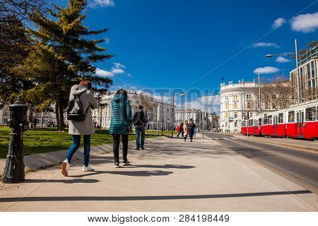Vienna, Austria - April, 2018: Rennweg Street And The Beautiful Building Of The House Of Industry In