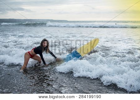 Young Girl In Bikini - Surfer With White Lines Mask On Her Pretty Face Surf Board Dive Underwater Wi