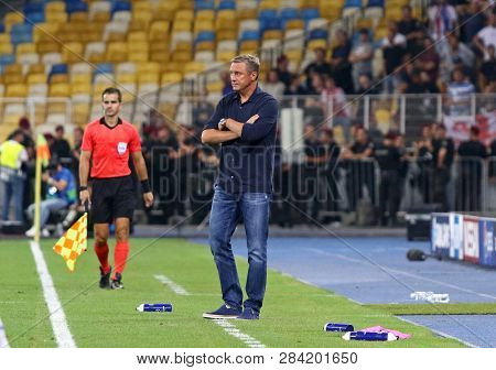 Kyiv, Ukraine - August 28, 2018: Fc Dynamo Kyiv Manager Aleksandr Khatskevich Walks On During The Ue
