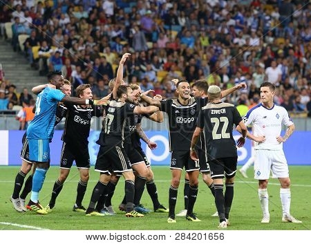 Kyiv, Ukraine - August 28, 2018: Afc Ajax Players Celebrate The Reach Of Group Stage After The Uefa 
