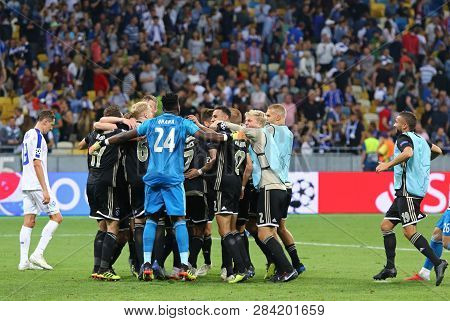 Kyiv, Ukraine - August 28, 2018: Afc Ajax Players Celebrate The Reach Of Group Stage After The Uefa 