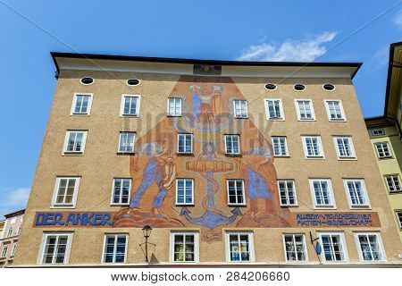 Salzburg, Austria - July 11, 2015: Anker (anchor) House With Huge Sundial On Waagplatz.