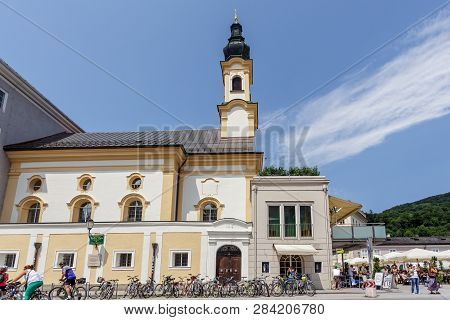 Salzburg, Austria - July 11, 2015: Anker (anchor) House With Huge Sundial On Waagplatz.