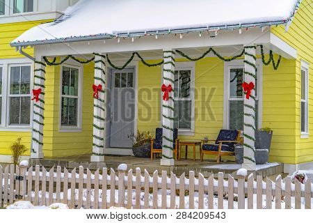 Facade Of Home Decorated For The Holidays In Utah