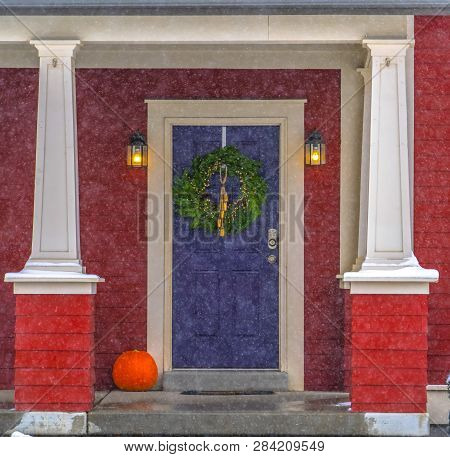 Facade Of Home In Utah Seen Through Falling Snow