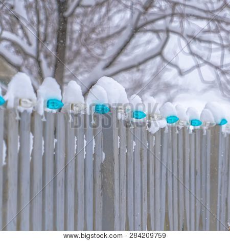 Light Bulbs Lining A Snowy Fence In Winter In Utah