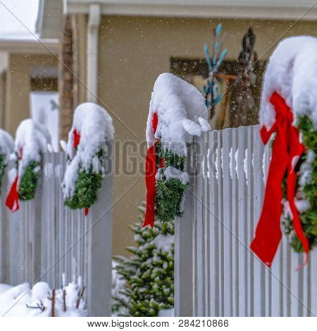 Snowy Wreaths On Fence Decorated For The Holidays