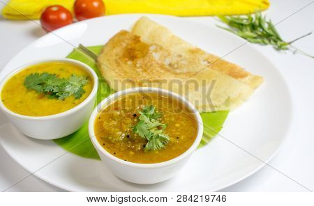 Dosa With Sambar And Dal For Dinner In South Indian Dish
