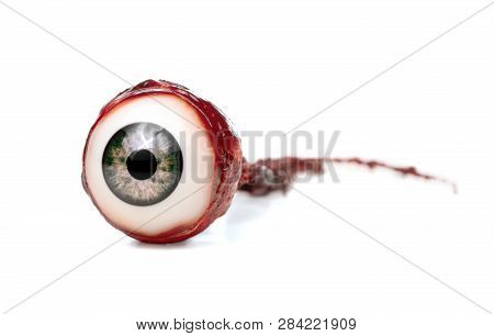 Halloween Prop, Decoration. Close Up Of Ripped Out Eyeball Isolated On White Background