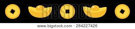 Chinese Gold Ingot Coin Line Set. China Money Square Centre. Golden With Hole. Happy New Year Symbol