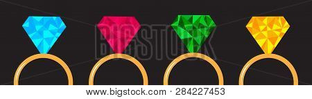 Wedding Gold Diamond Ring Set Line. Blue, Pink, Green, Yellow Color. Polygonal Effect. Flat Design. 