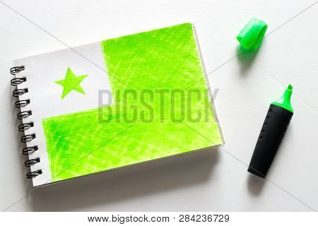 Drawn Esperanto Flag And Green Marker Close Up