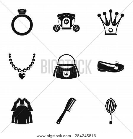 Princess Things Icon Set. Simple Style Set Of 9 Princess Things Icons For Web Isolated On White Back