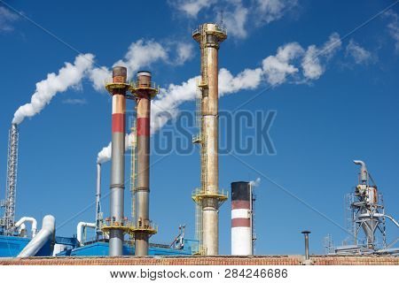 Smokestacks in a paper mill, Zaragoza Province, Spain.