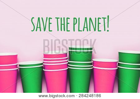 Plastick Cups Background. Living Coral Concept Of Environment Pollution.